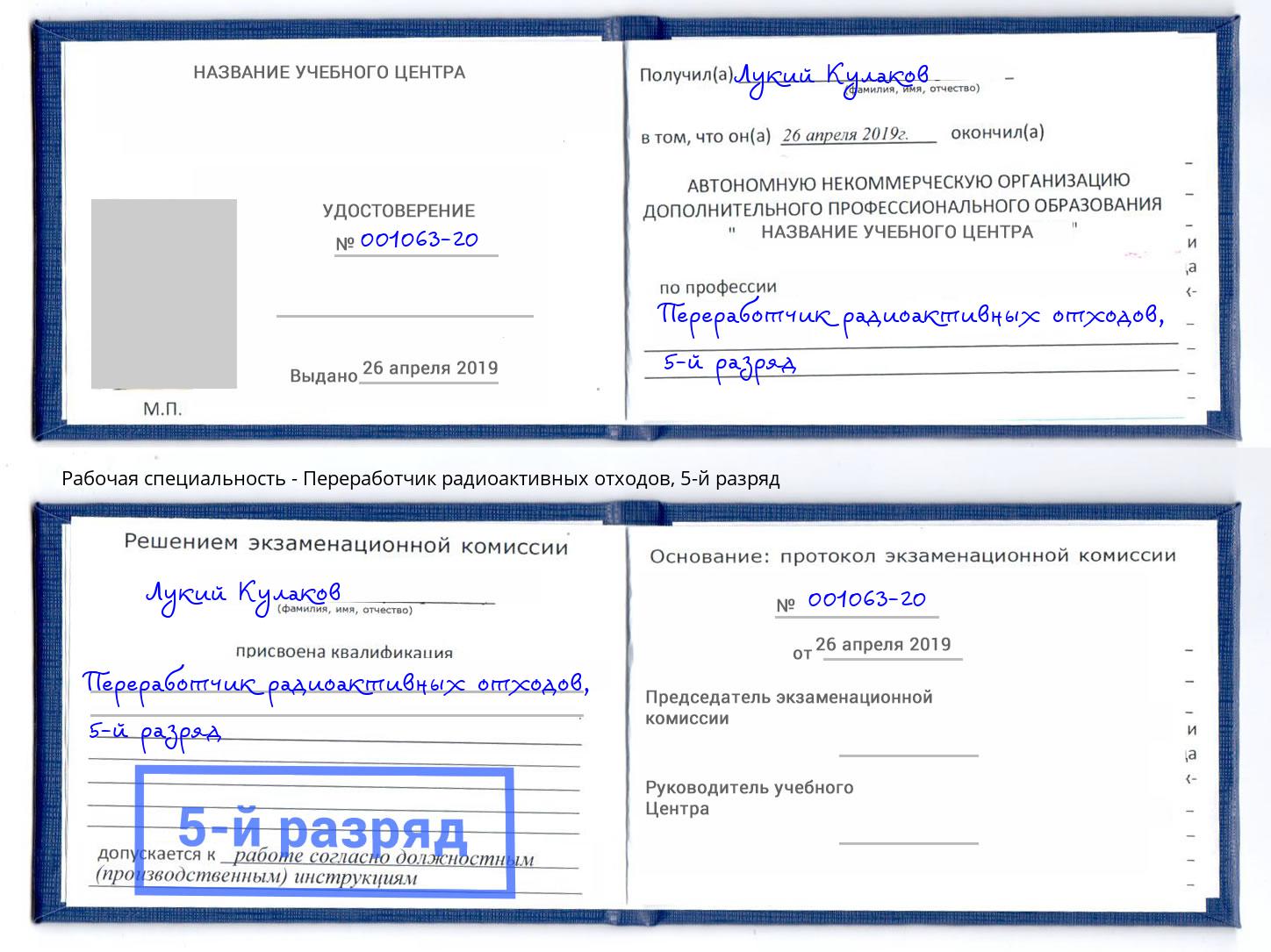 корочка 5-й разряд Переработчик радиоактивных отходов Анапа