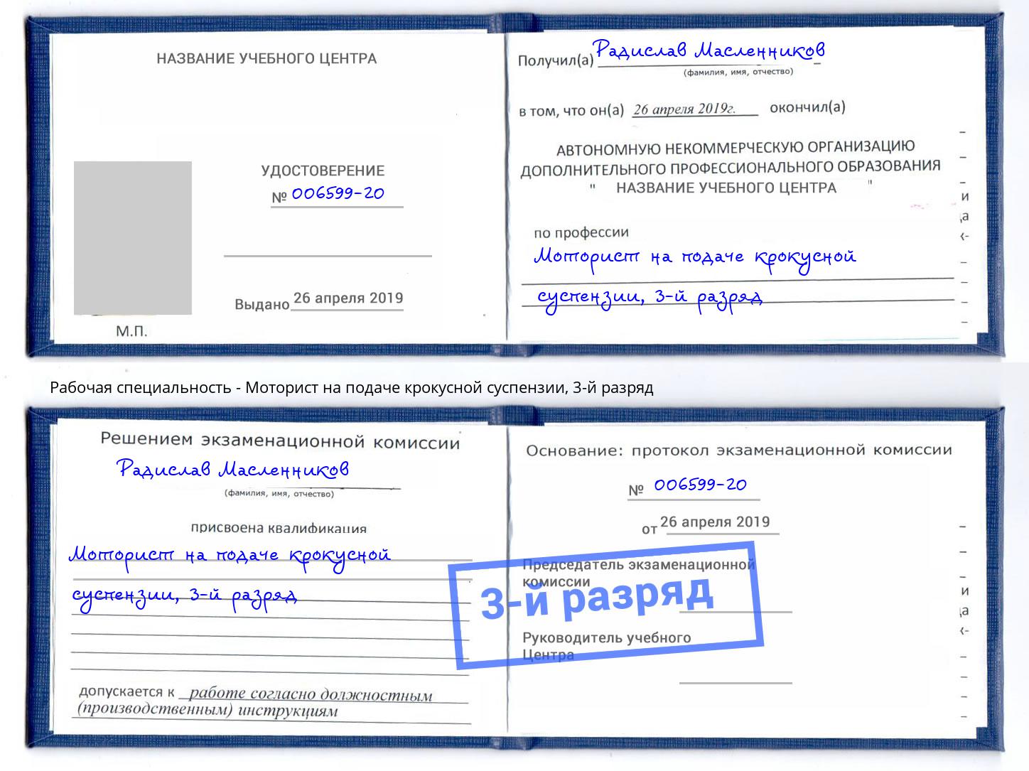 корочка 3-й разряд Моторист на подаче крокусной суспензии Анапа