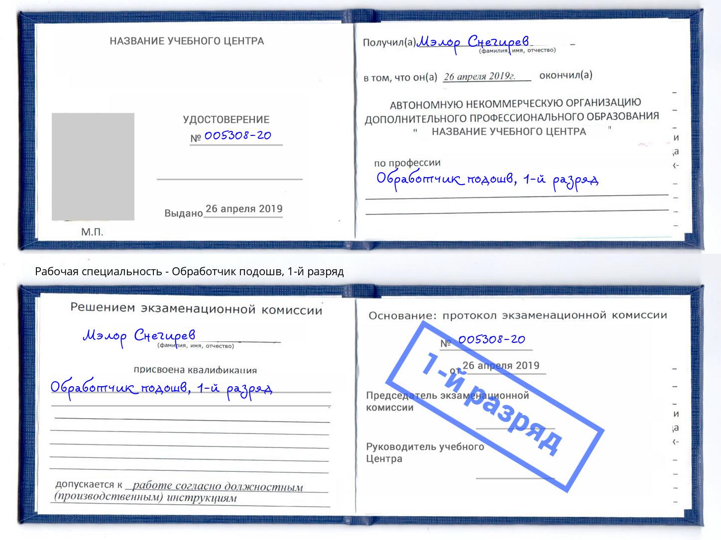 корочка 1-й разряд Обработчик подошв Анапа
