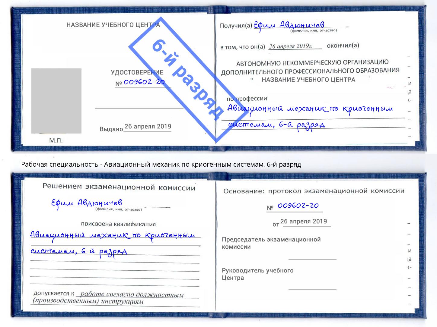 корочка 6-й разряд Авиационный механик по криогенным системам Анапа