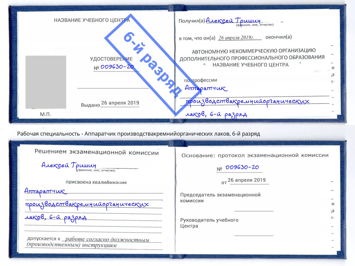 корочка 6-й разряд Аппаратчик производствакремнийорганических лаков Анапа