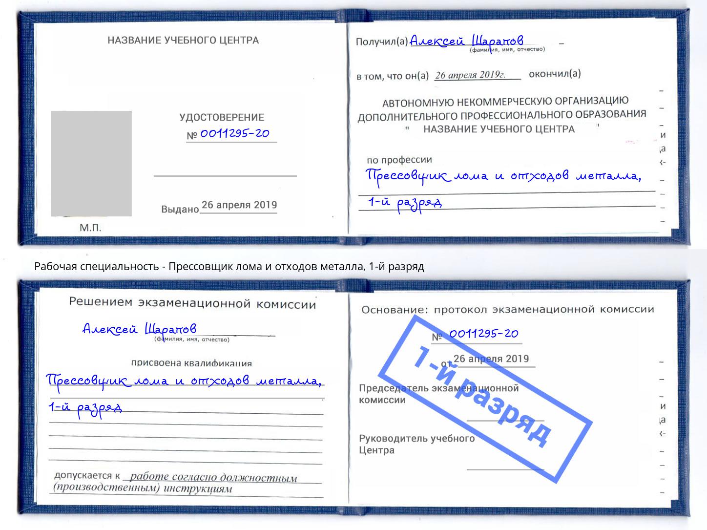 корочка 1-й разряд Прессовщик лома и отходов металла Анапа