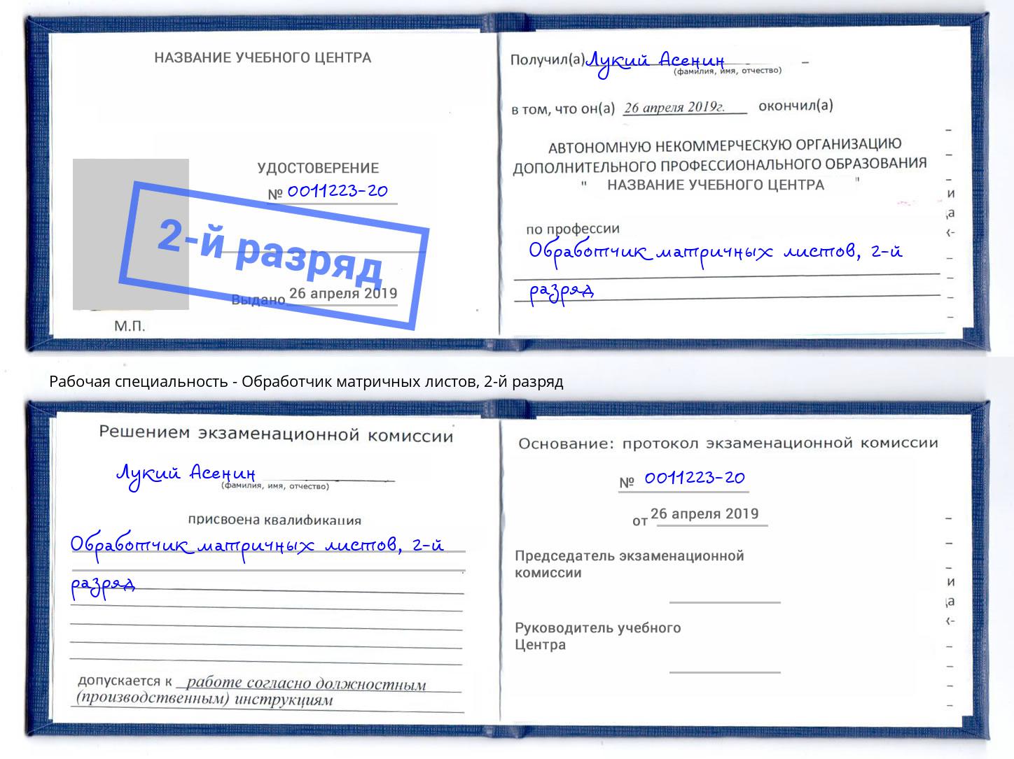 корочка 2-й разряд Обработчик матричных листов Анапа