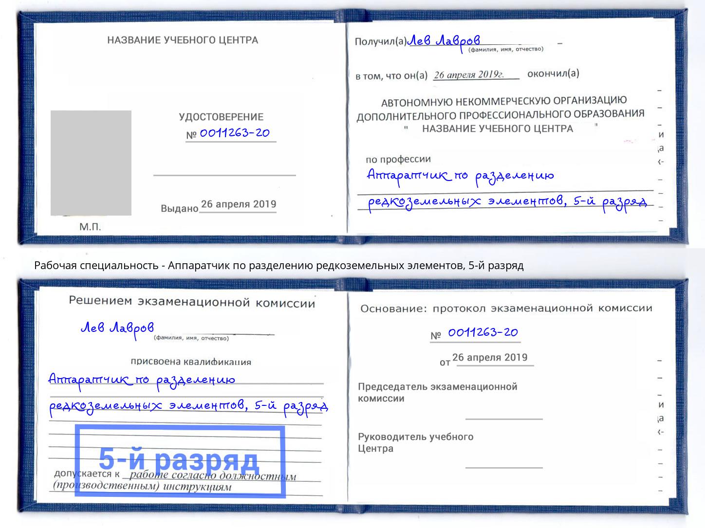 корочка 5-й разряд Аппаратчик по разделению редкоземельных элементов Анапа