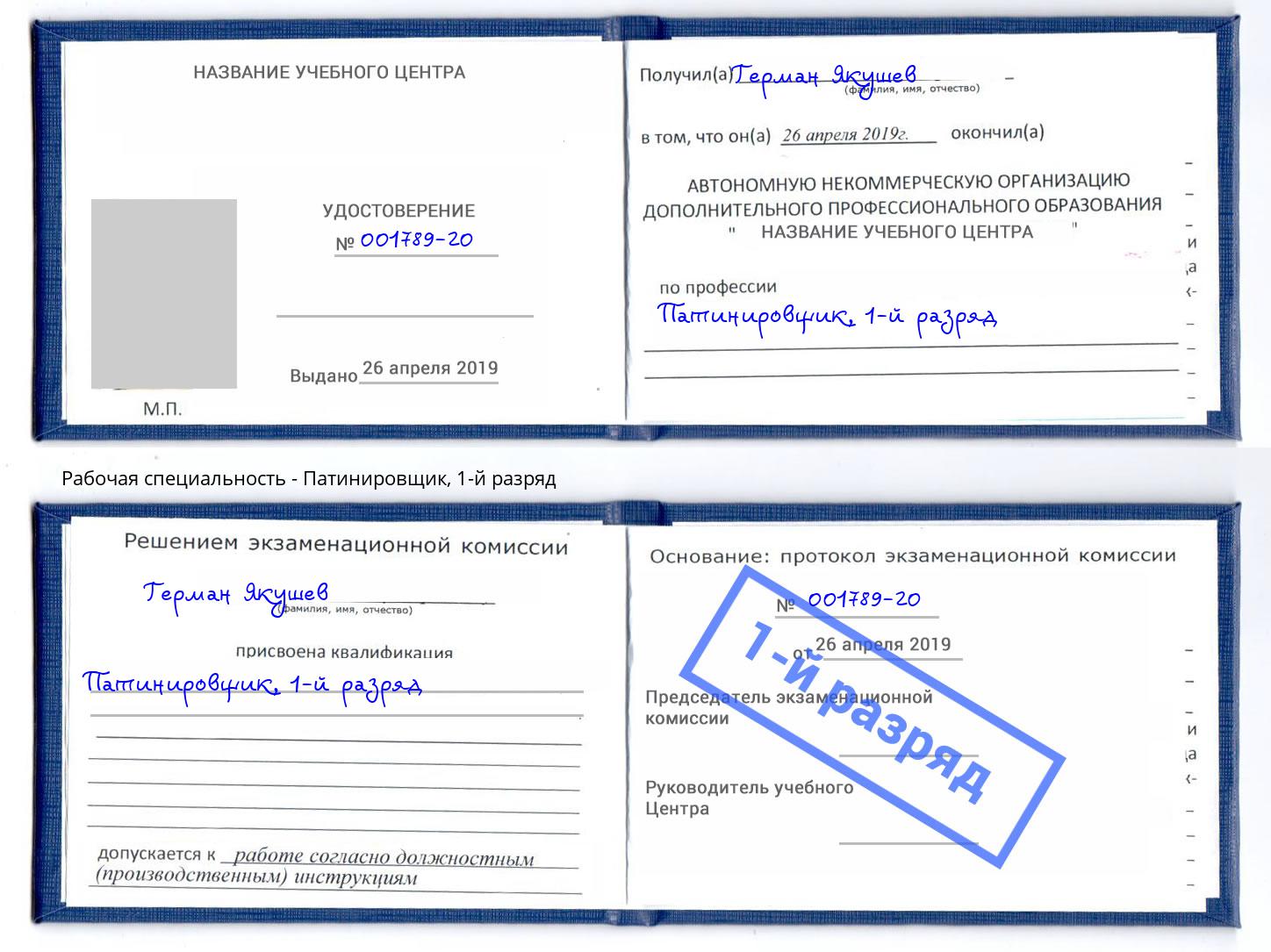 корочка 1-й разряд Патинировщик Анапа